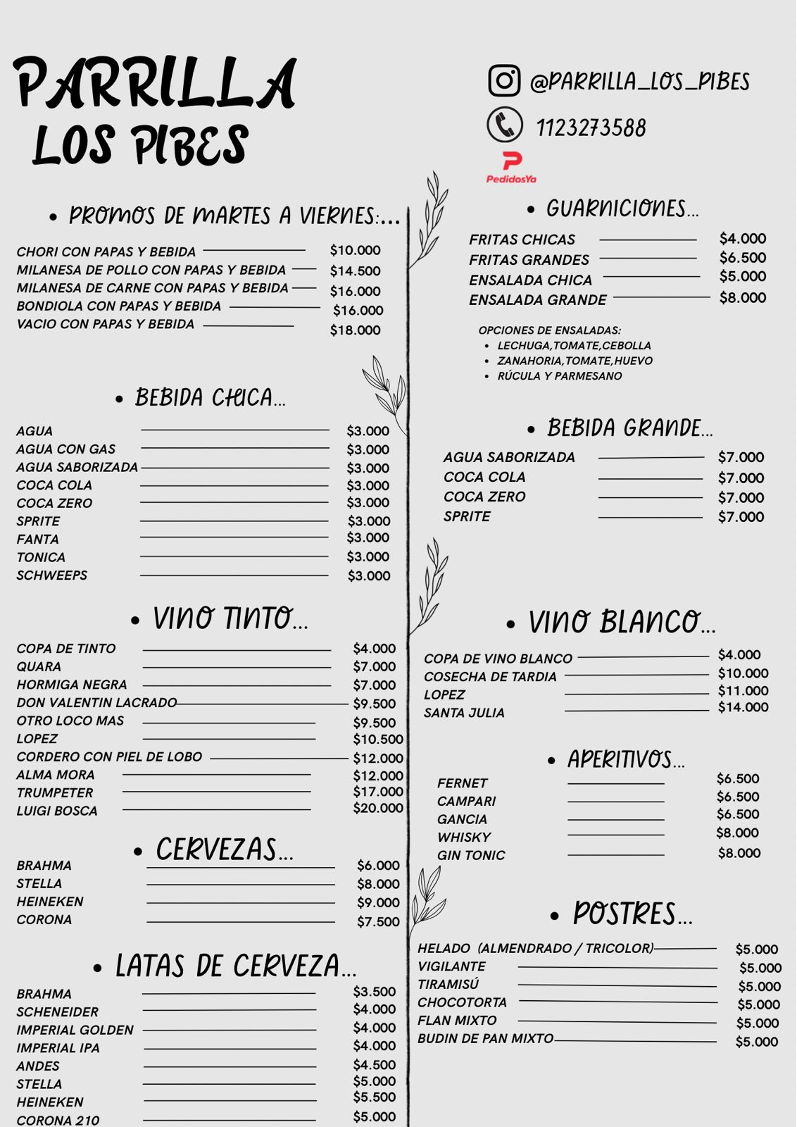 Menú Bebidas - Parrilla Los Pibes